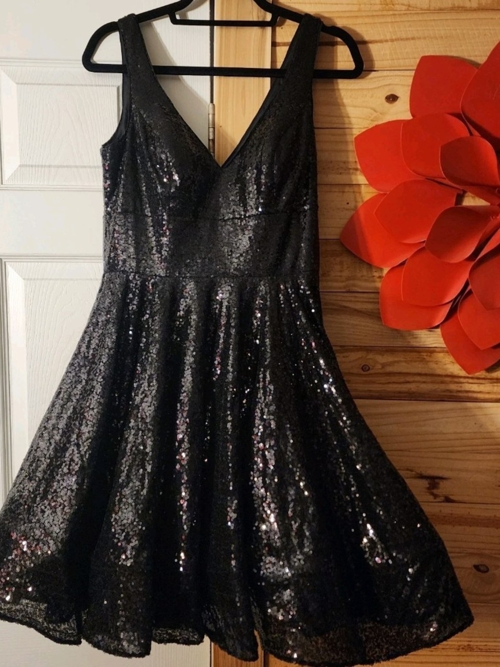 IEENA for Mac Duggal Black Sequin V-Neck Fit and Flare Cocktail Dress